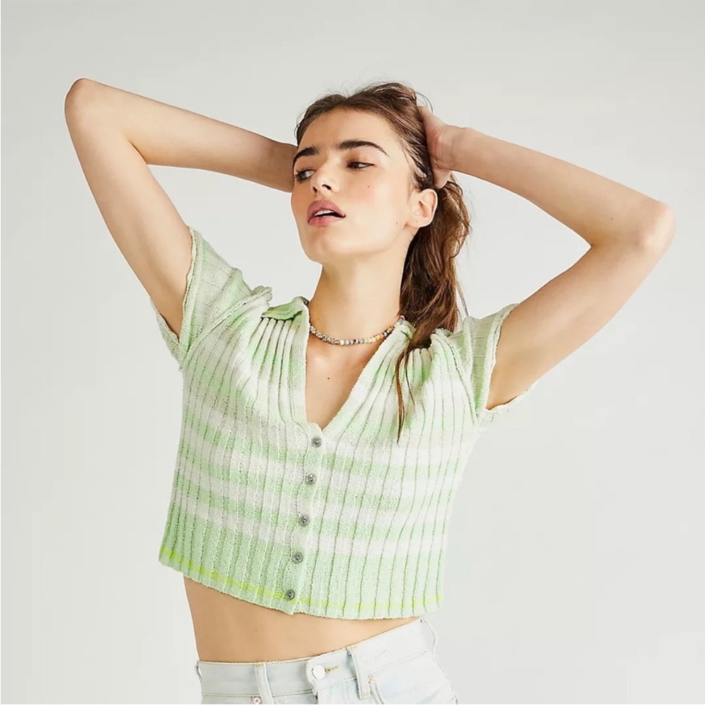 Free People Mint Green Striped Button-Up Collated Knit Top